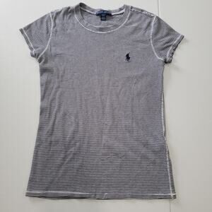 Y2K Ralph Lauren Shirt Womens Medium Navy Striped Crewneck Short Sleeve Fitted